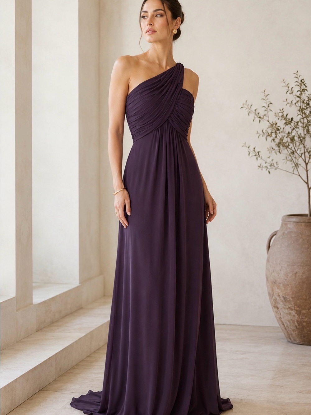 David's Bridal One-Shoulder Evening Gown in Plum